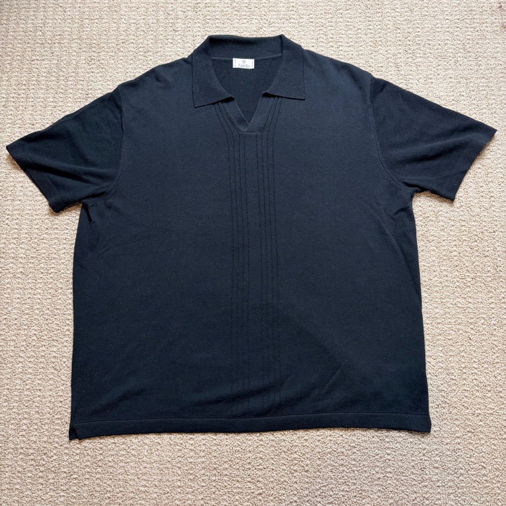 Zanella Mens XXL Black Knit Polo Shirt Made in Italy Cotton Viscose V-Neck Short